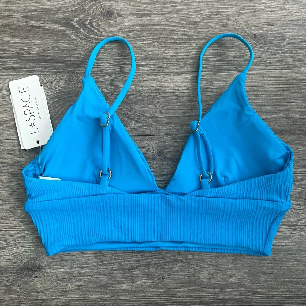 L*SPACE Winnie Bikini Top Medium Electric Blue Ribbed Tropical Swimwear Beachy